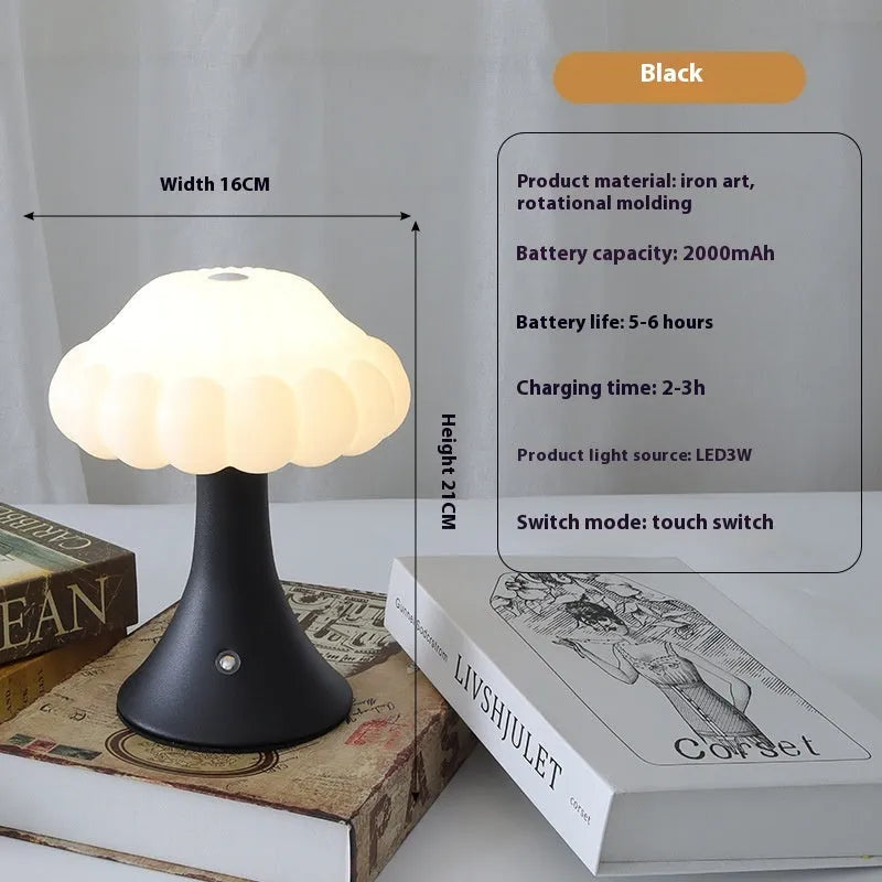 Mushroom-shaped night light with touch controls and USB port in wood grain finish
