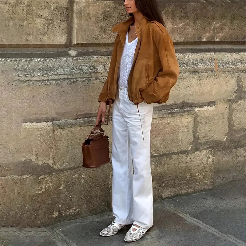 Men's retro solid colour loose fit polyester jacket on a model.