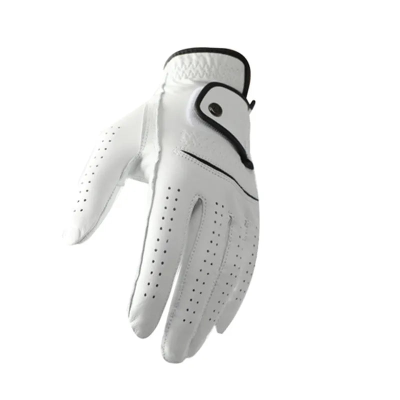 Men's white half sheepskin leather golf glove showing palm grip detail.