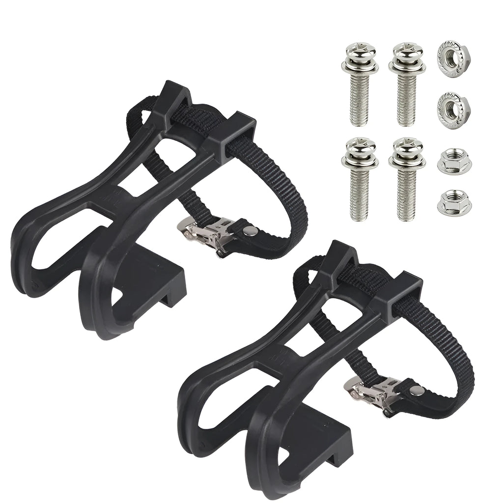 Pair of plastic spinning pedal foot holder covers with lashing straps and metal bolts on a black background