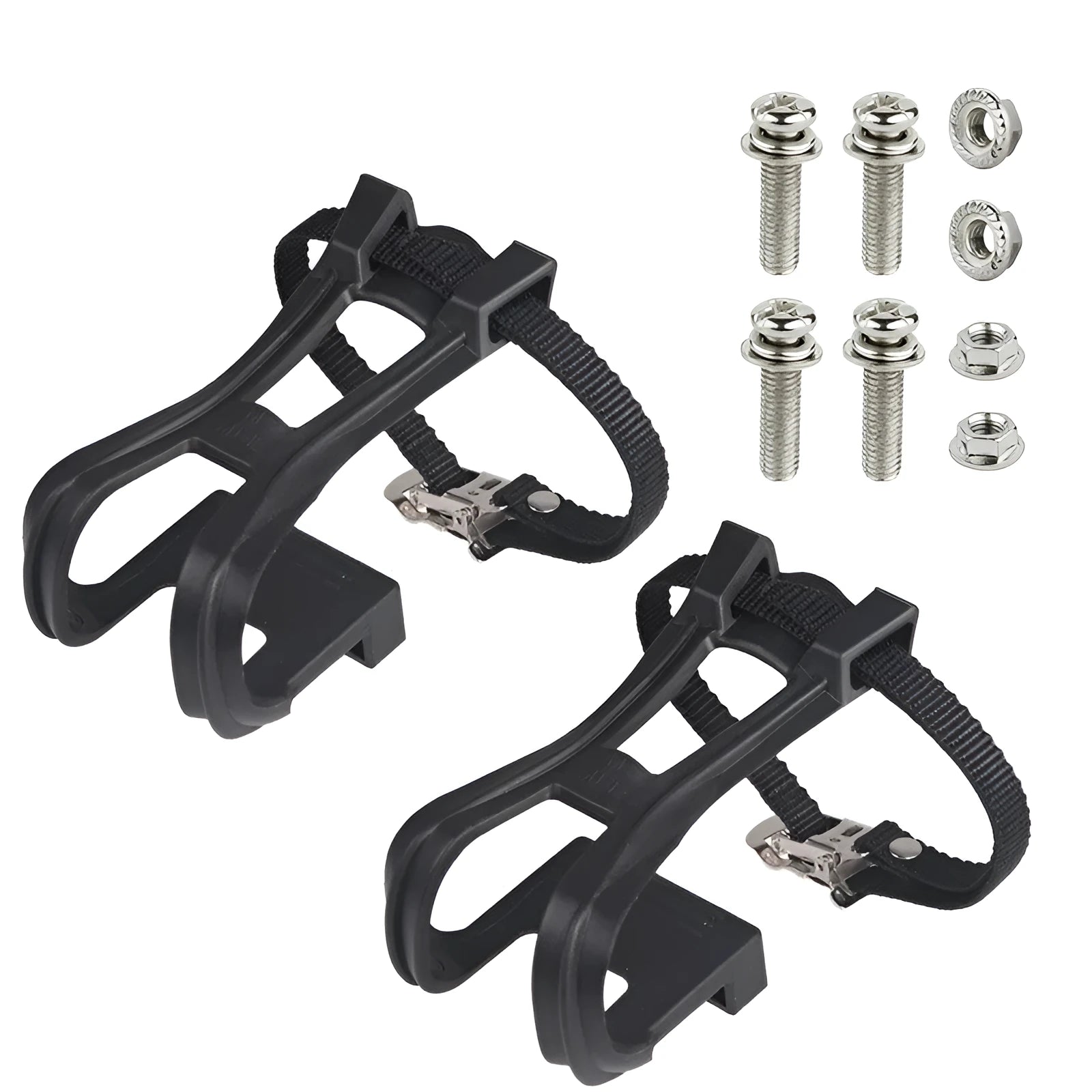 Pair of plastic spinning pedal foot holder covers with lashing straps and metal bolts on a black background