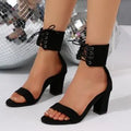 Retro black open-toe high heel strap sandals for women with front lace-up and pointed toe