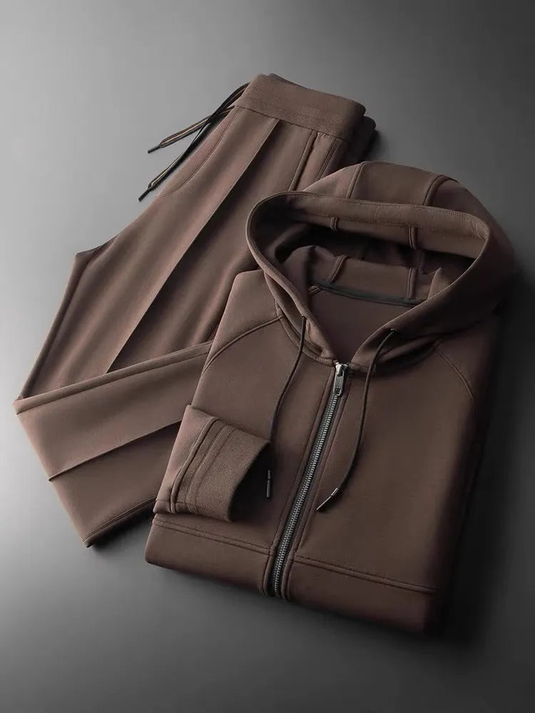 Men's casual modal cardigan suit set with hood and wrinkle-free finish in brown, loose fit, autumn sportswear