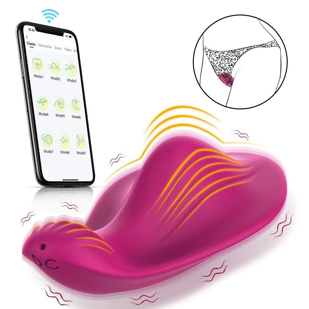 Rose red wearable female massager with cute butterfly design, USB charging port