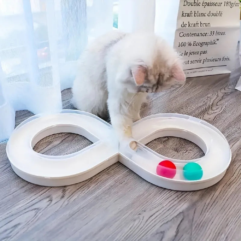 Blue and white cat turntable track toy with teasing stick for interactive play