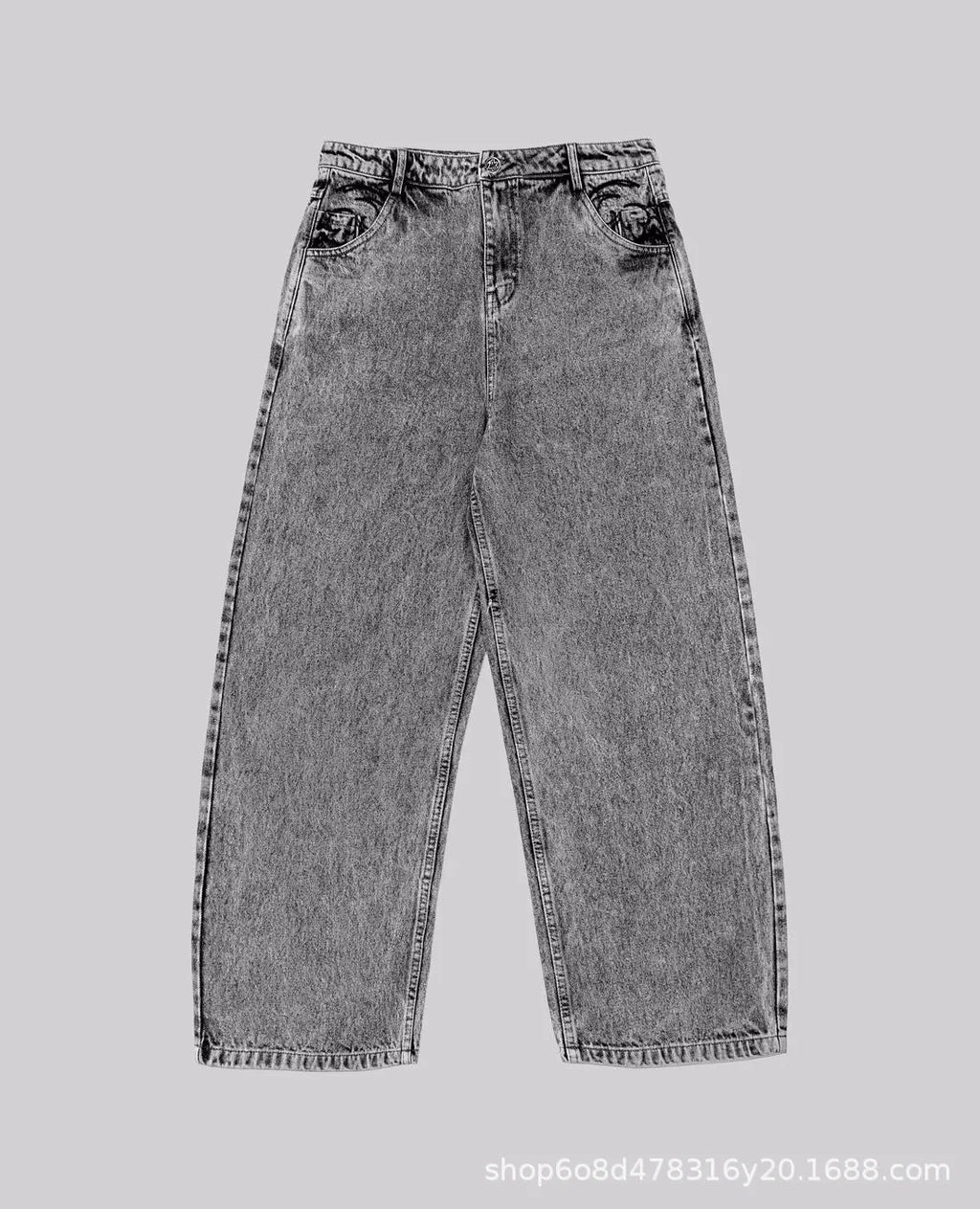 Grey loose-fit straight-leg cotton denim trousers on a hanger.