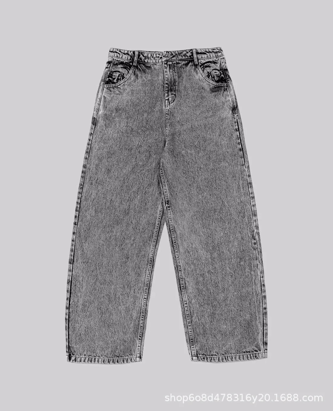 Grey loose-fit straight-leg cotton denim trousers on a hanger.