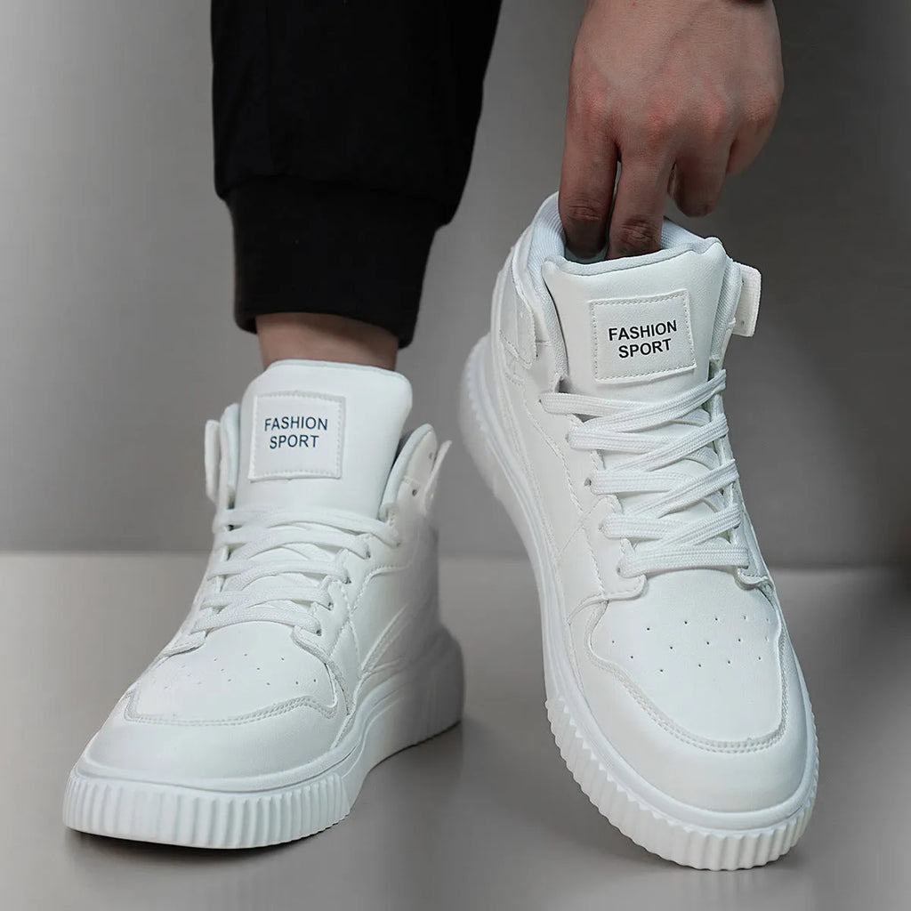 White microfiber men's casual shoes with round toe for autumn and winter leisure wear