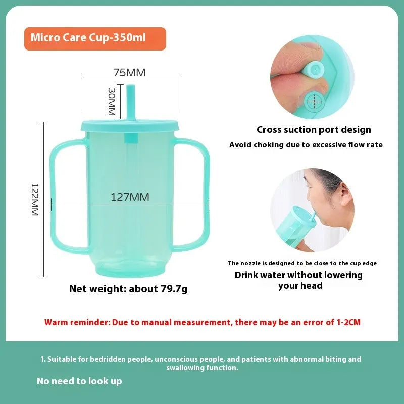 Oblique mouth choke-proof drinking cup with lid and handle, showing optional wrist splint attachment