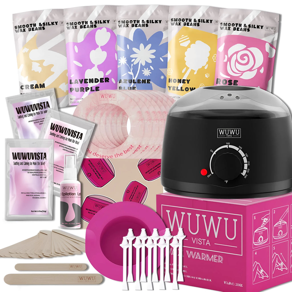 Professional waxing kit with hard wax beans, pink wax warmer, applicator sticks, lotion and ice masks.