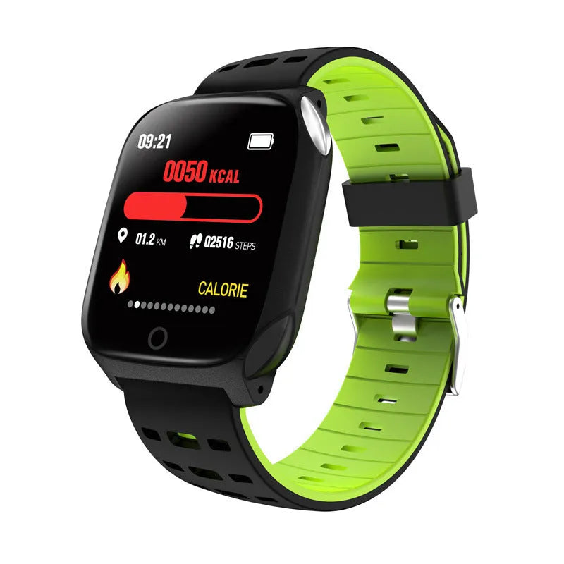 F16 Smart Watch with ECG monitor on wrist, showing black grey colour option with IPS touch screen.