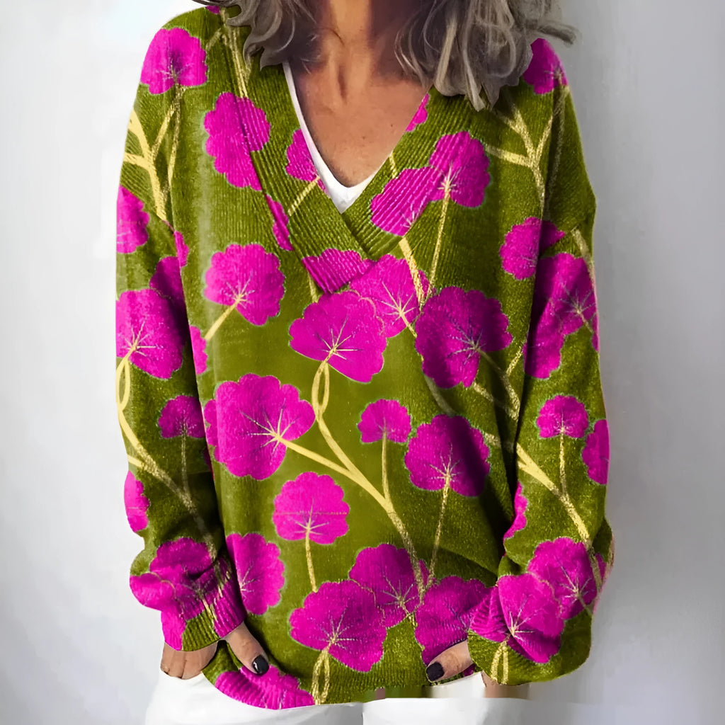 Women's V-neck floral pattern printed sweatshirt with 3D effect and long sleeves