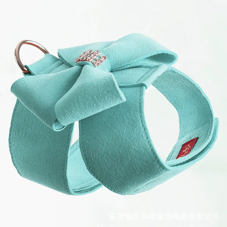 Cute fashion bowknot puppy chest strap in microfiber available in pink, blue and orange colours