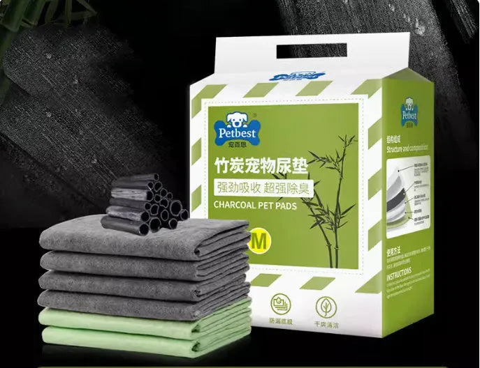 Pack of thickened dog urine pads showing adhesive backing and size comparison chart for S, M, L, and XL codes.