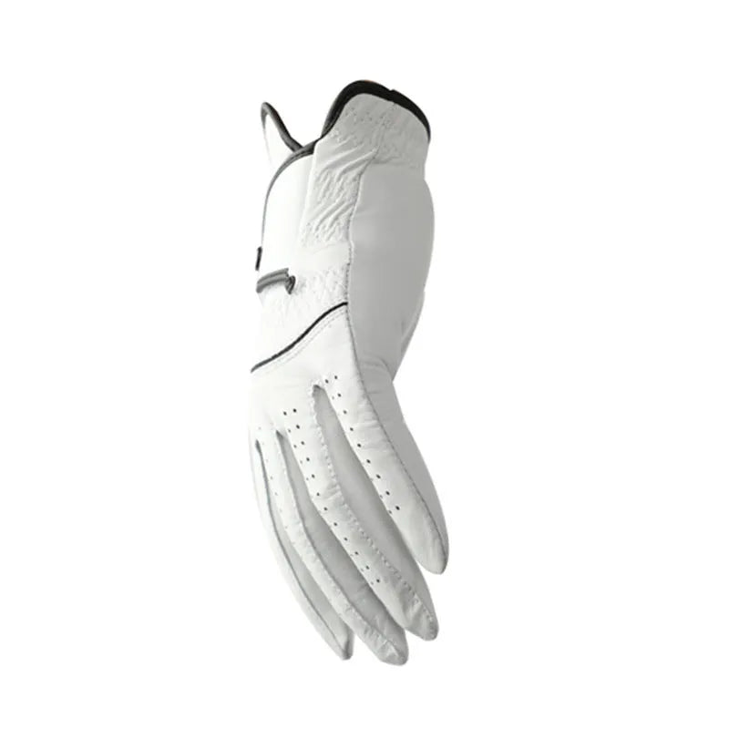 Men's white half sheepskin leather golf glove showing palm grip detail.