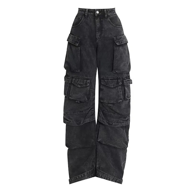 Women's high waist wide leg jeans in tie-dyed colours with multiple pockets and street hipster styling