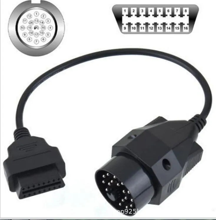OBD2 BMW 20 pin to 16 pin diagnostic connector adapter cable isolated on white background.