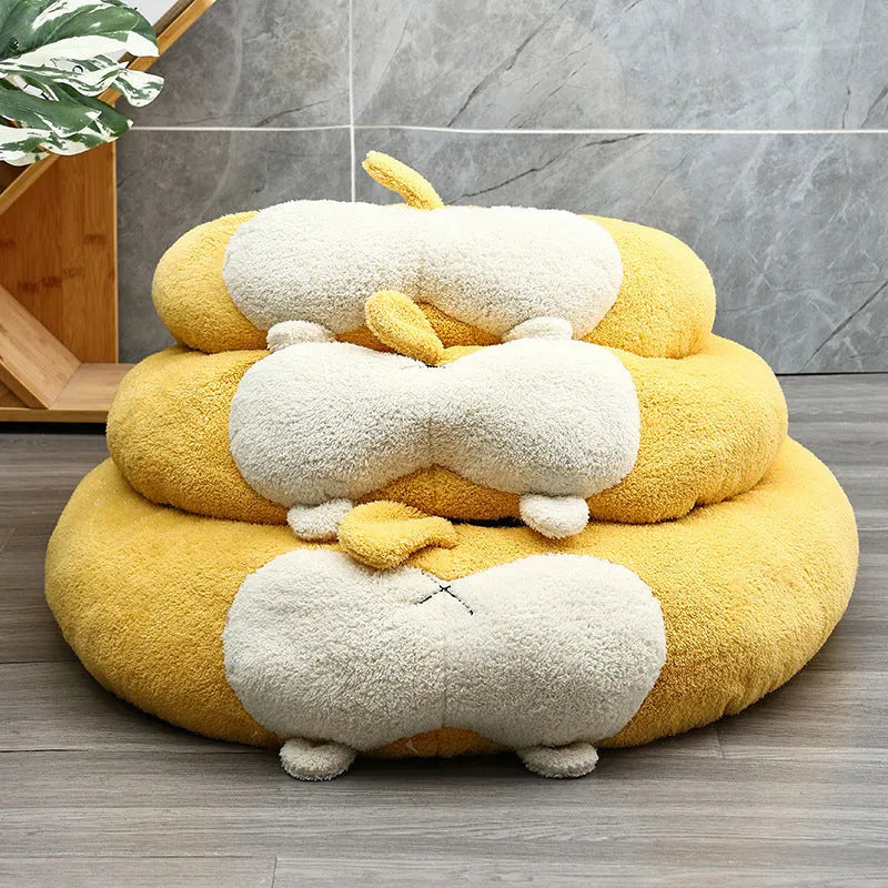 Corgi shaped soft plush pet bed for dogs and cats on a white background