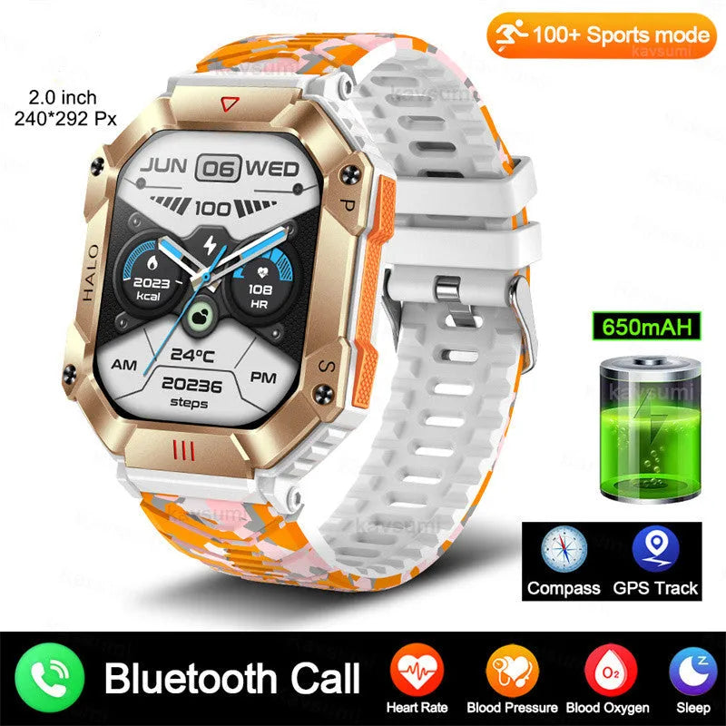Android smart watch with GPS on wrist, showing titanium alloy case and black camouflage strap.