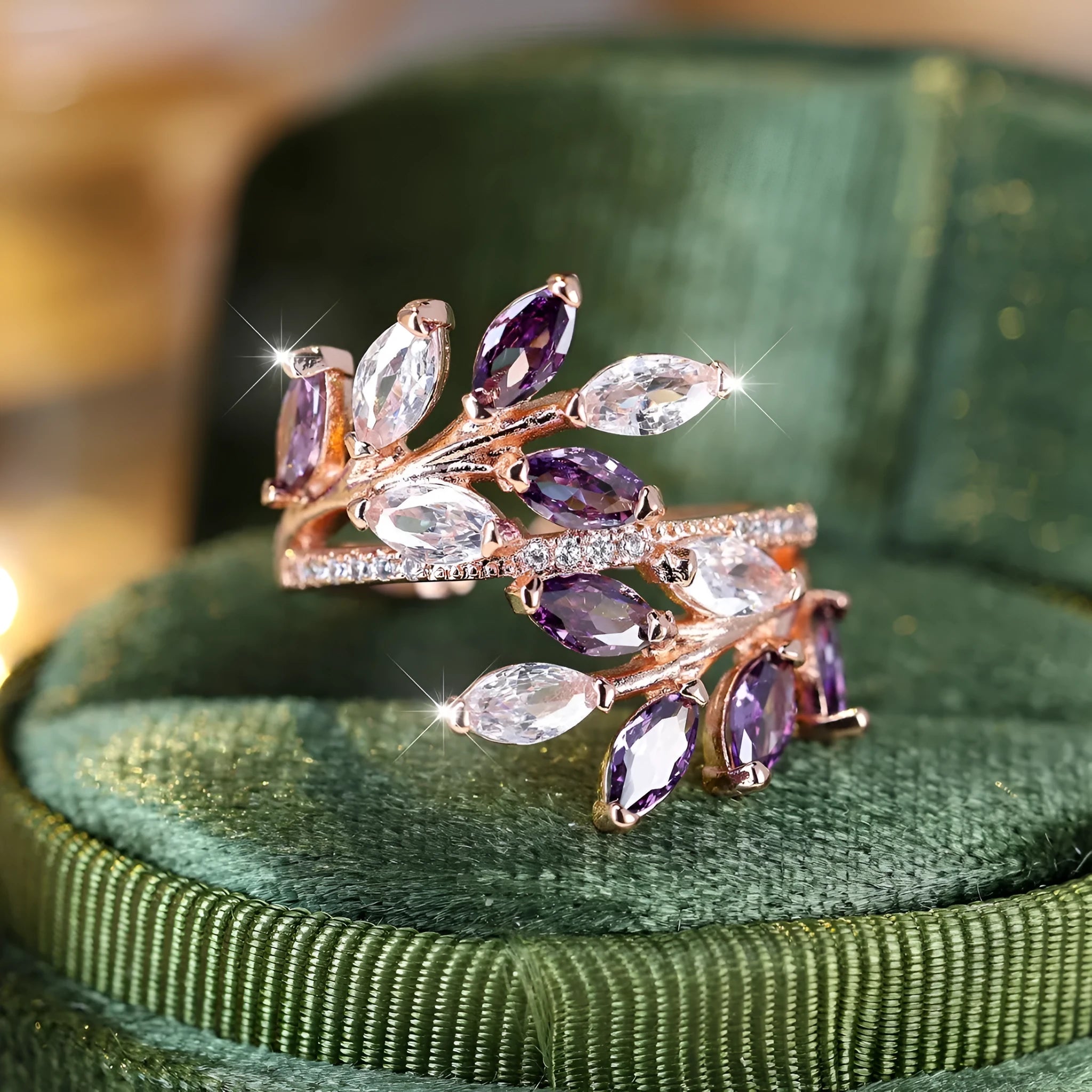 Adjustable copper leaf ring with zircon stones in multiple colour finishes including platinum white and rose gold