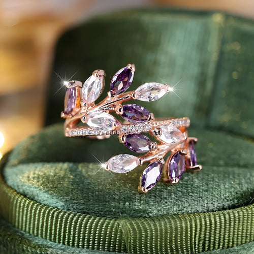 Adjustable copper leaf ring with zircon stones in multiple colour finishes including platinum white and rose gold