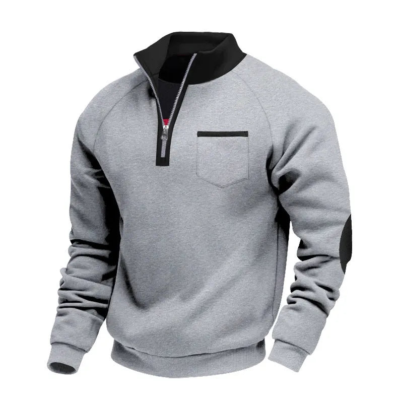Men's fleece-lined zip-up stand collar patchwork sweatshirt in dark gray, front view, casual long-sleeve top