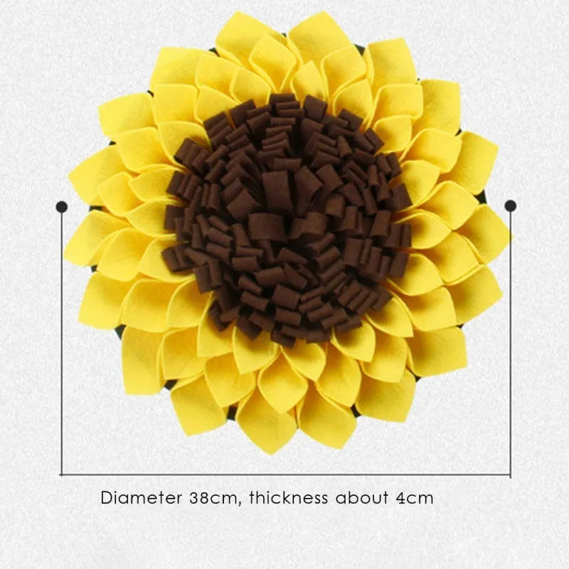 Yellow sunflower-shaped dog snuffle mat with fabric folds for hiding treats.