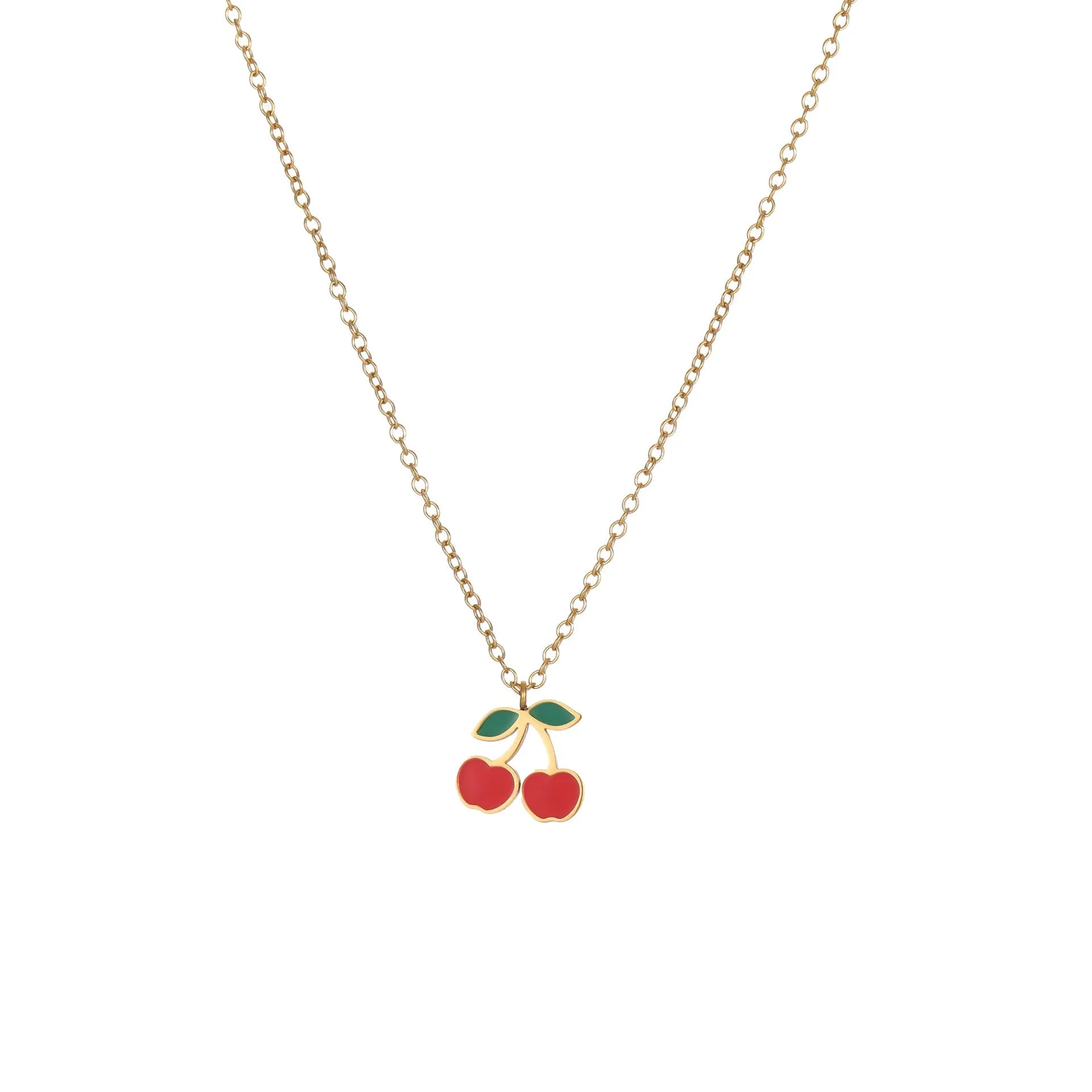 Four-piece stainless steel cherry jewellery set with gold plating: necklace, bracelet, earrings, and ring.