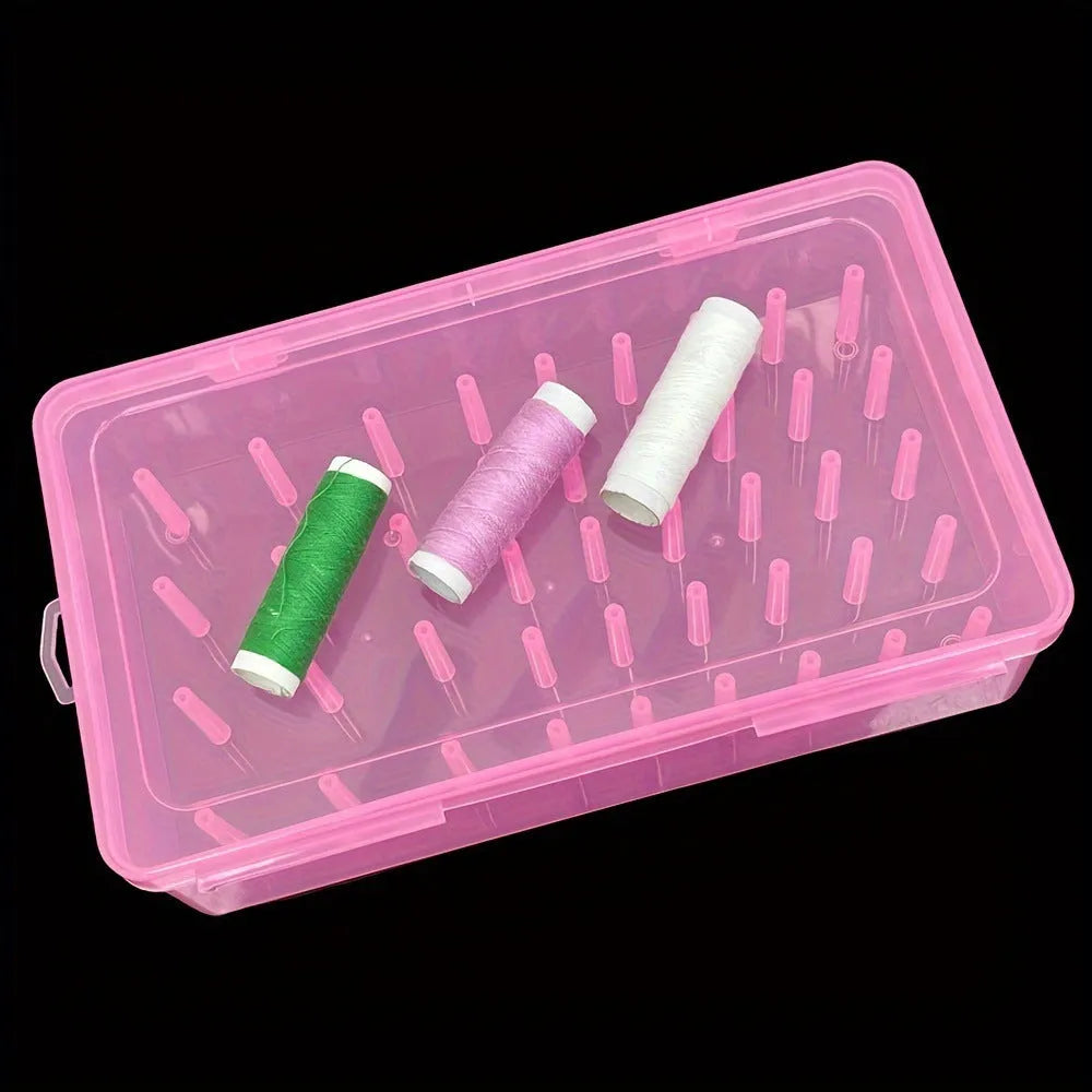 Transparent plastic embroidery thread storage box with 42 individual compartments.