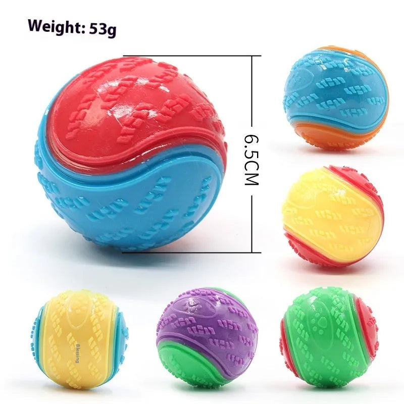 Red and blue TPR rubber dog ball with squeaker, shown next to a 6.5 cm measurement guide.