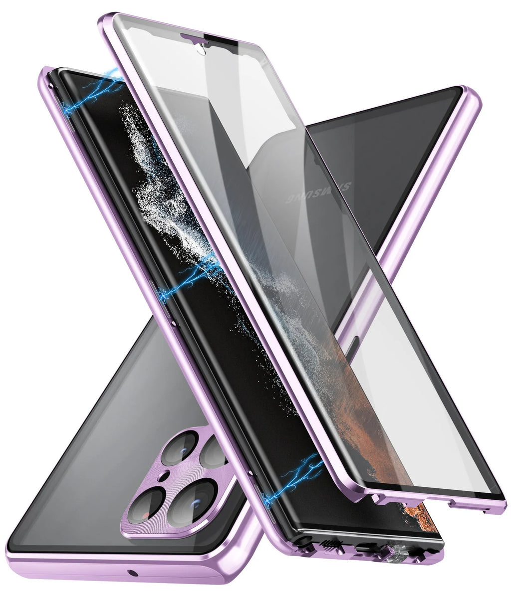 Metal magnetic phone case with peep-proof mirror for Samsung S24 Ultra in black colour.
