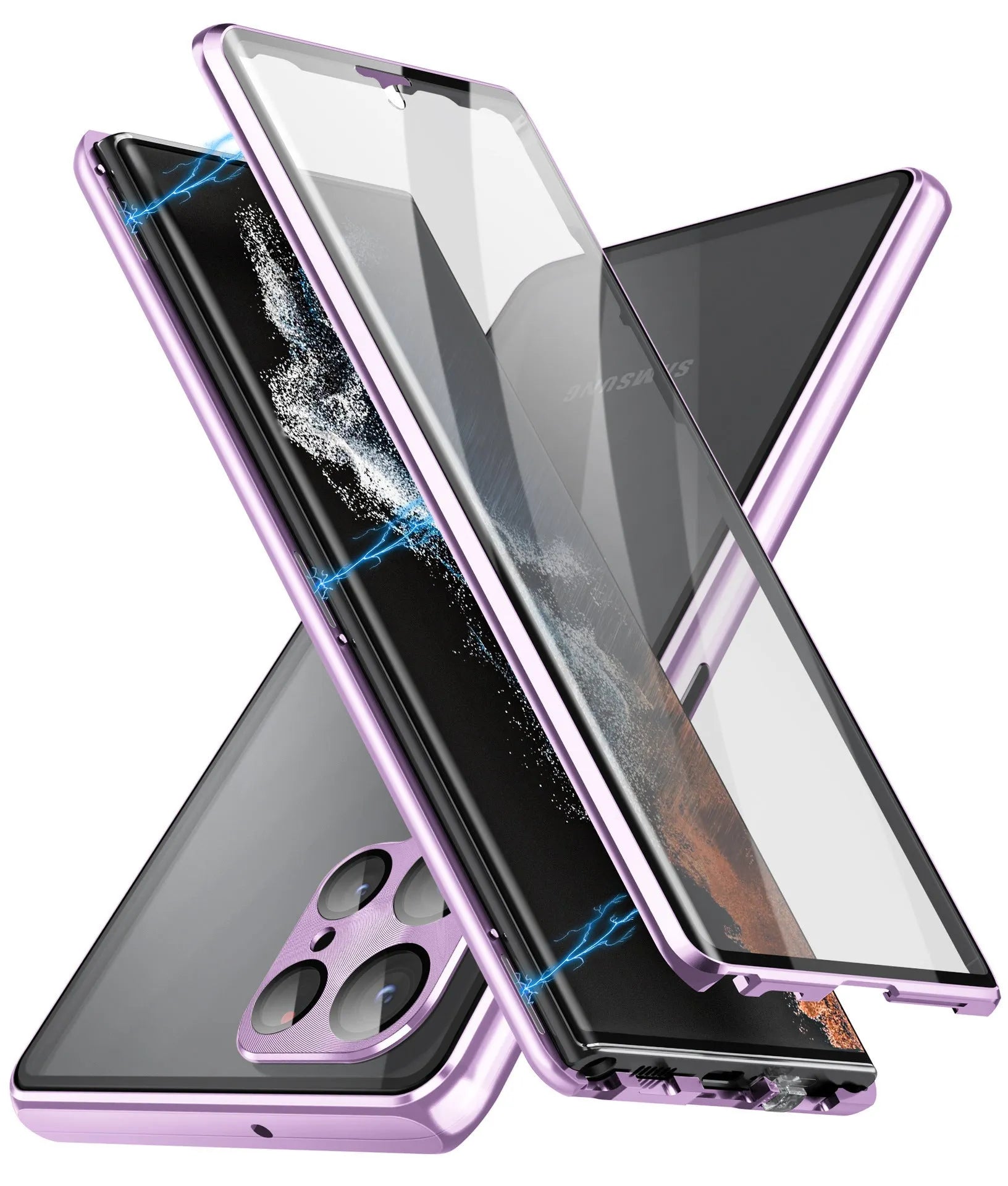 Metal magnetic phone case with peep-proof mirror for Samsung S24 Ultra in black colour.