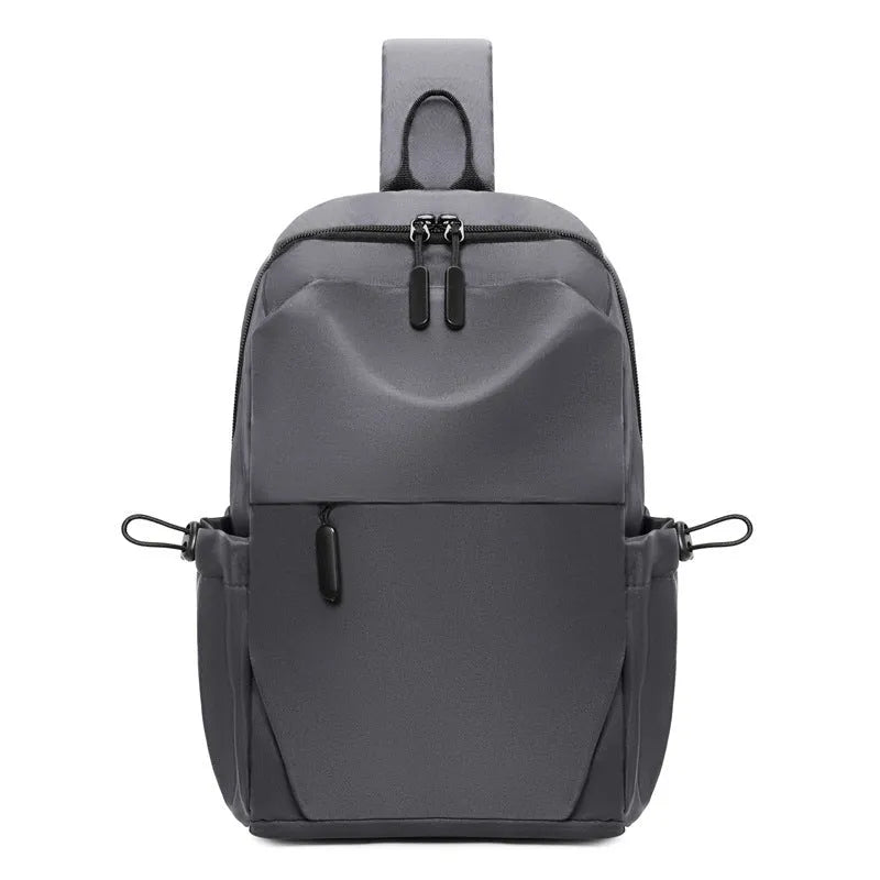 Men's grey waterproof chest bag with large capacity dimensions shown