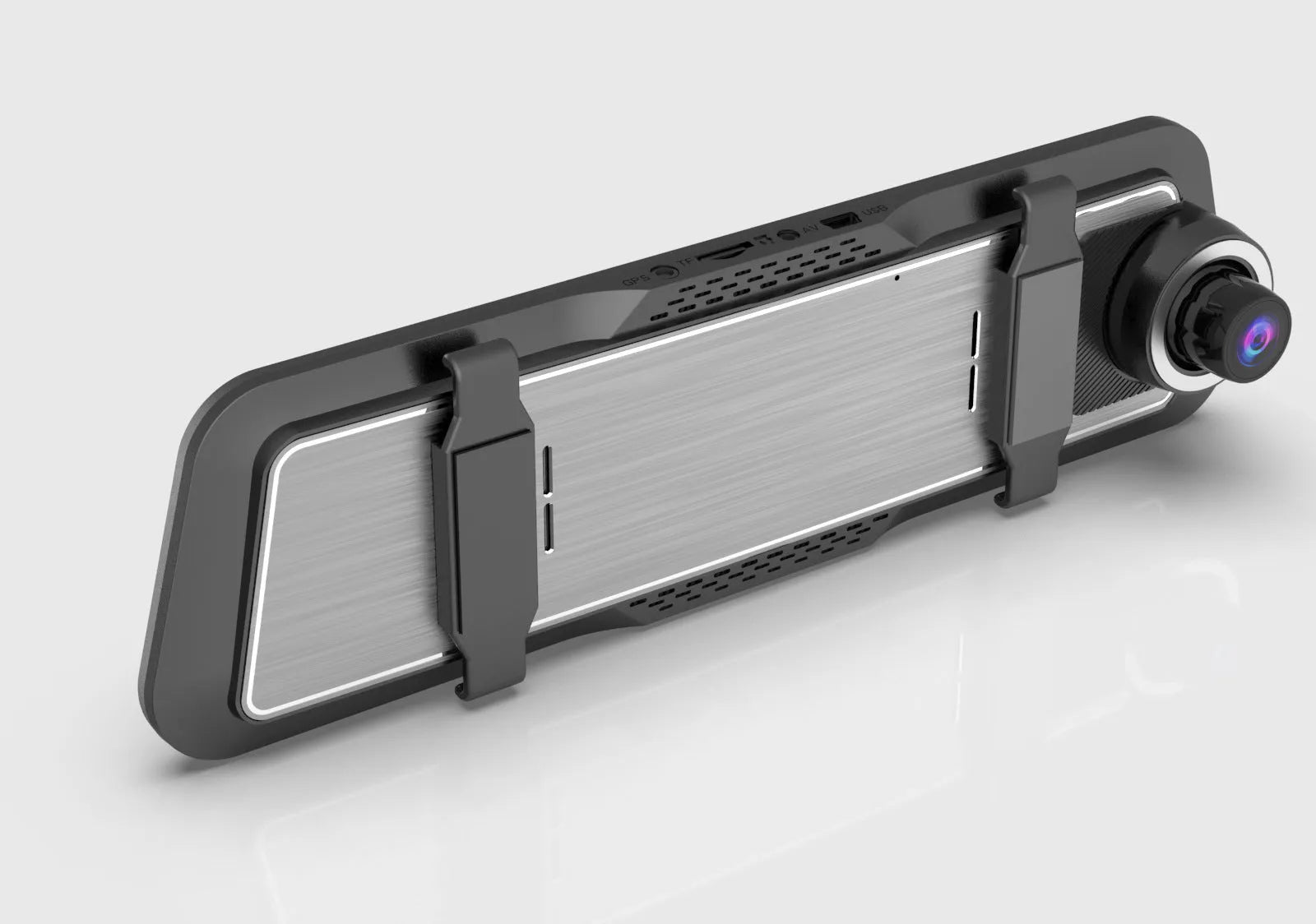 Dual-lens car dash cam with 9.66 inch touch screen mounted behind rearview mirror