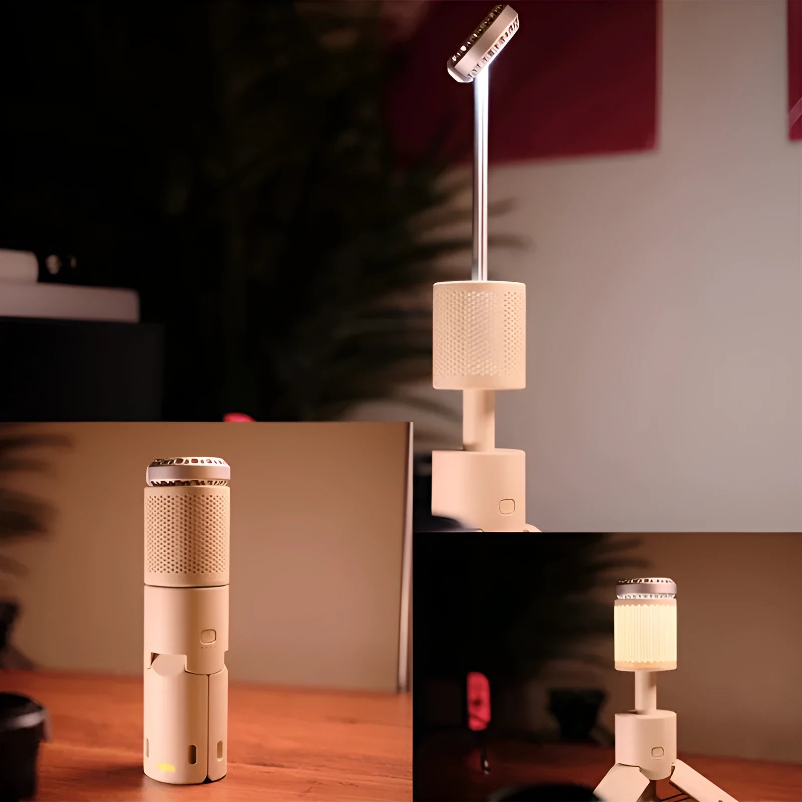 Portable LED camping lantern in off white and dark grey colour options showing button switch.