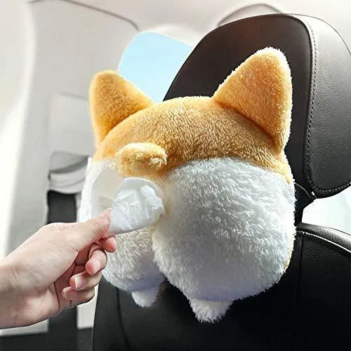 Yellow soft corgi butt-shaped tissue box cover with elastic strap for car sun visor