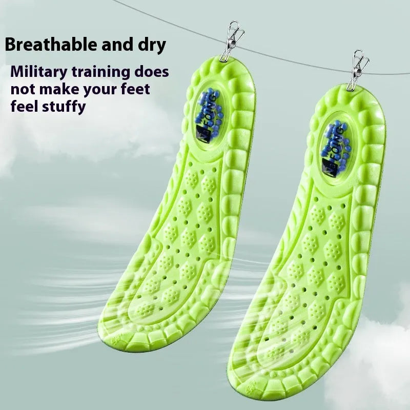 Green PU air cushion sports insoles with a thickened design for shock absorption and breathability.