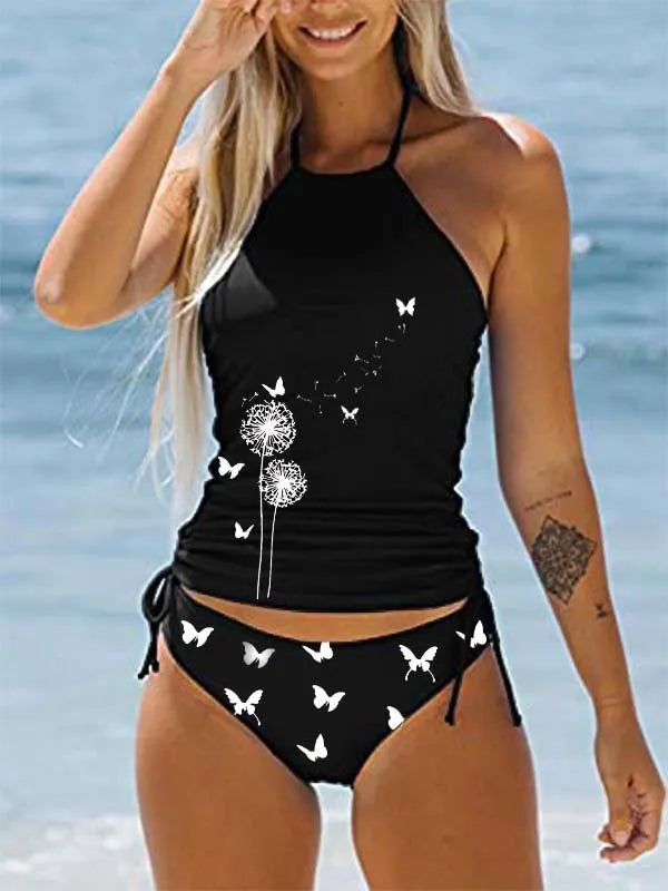 3D printed split swimsuit two-piece set for women, briefs style nylon fabric with European and American pattern