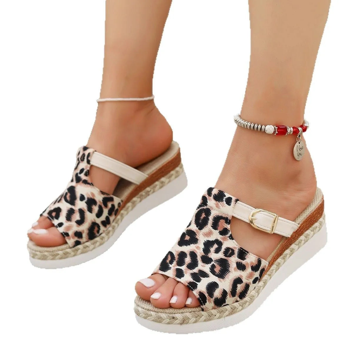 Women's beige leopard print platform sandals with a chunky wedge sole and open fish-mouth toe.