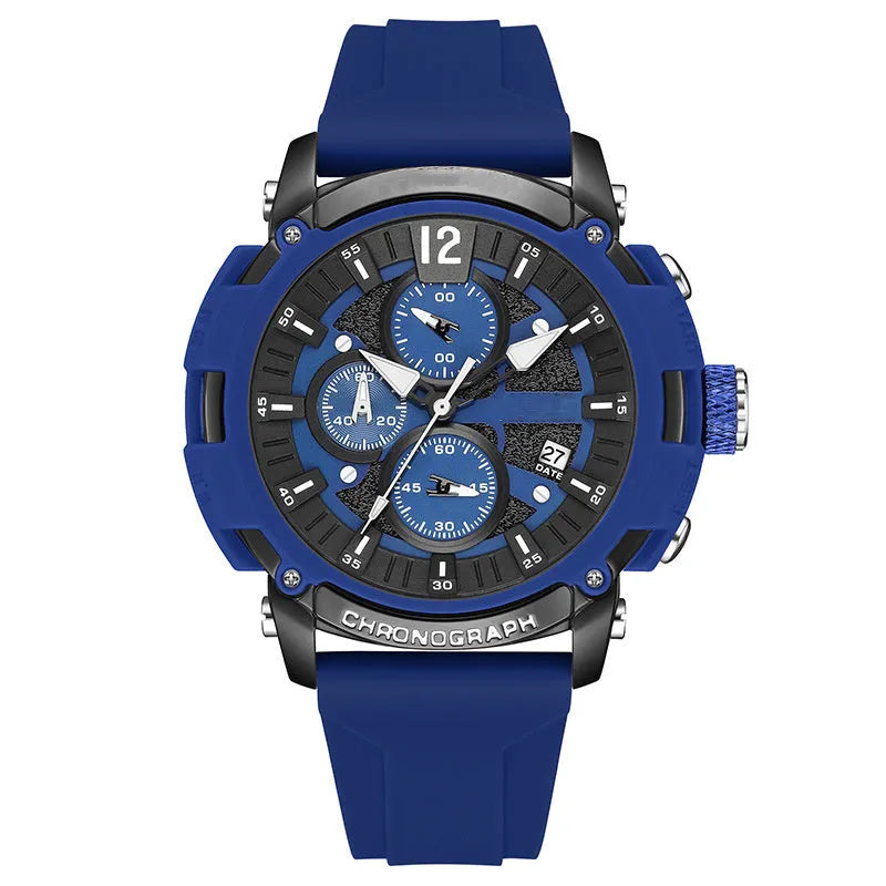 Men's digital quartz watch with calendar display showing black, blue, green, orange and red colour options