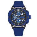 Men's digital quartz watch with calendar display showing black, blue, green, orange and red colour options