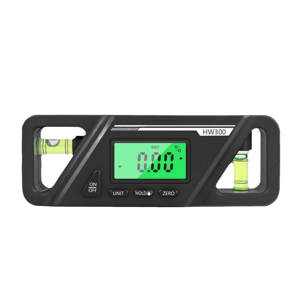 Black digital inclinometer level meter with LCD display and magnetic base, showing angle measurement.