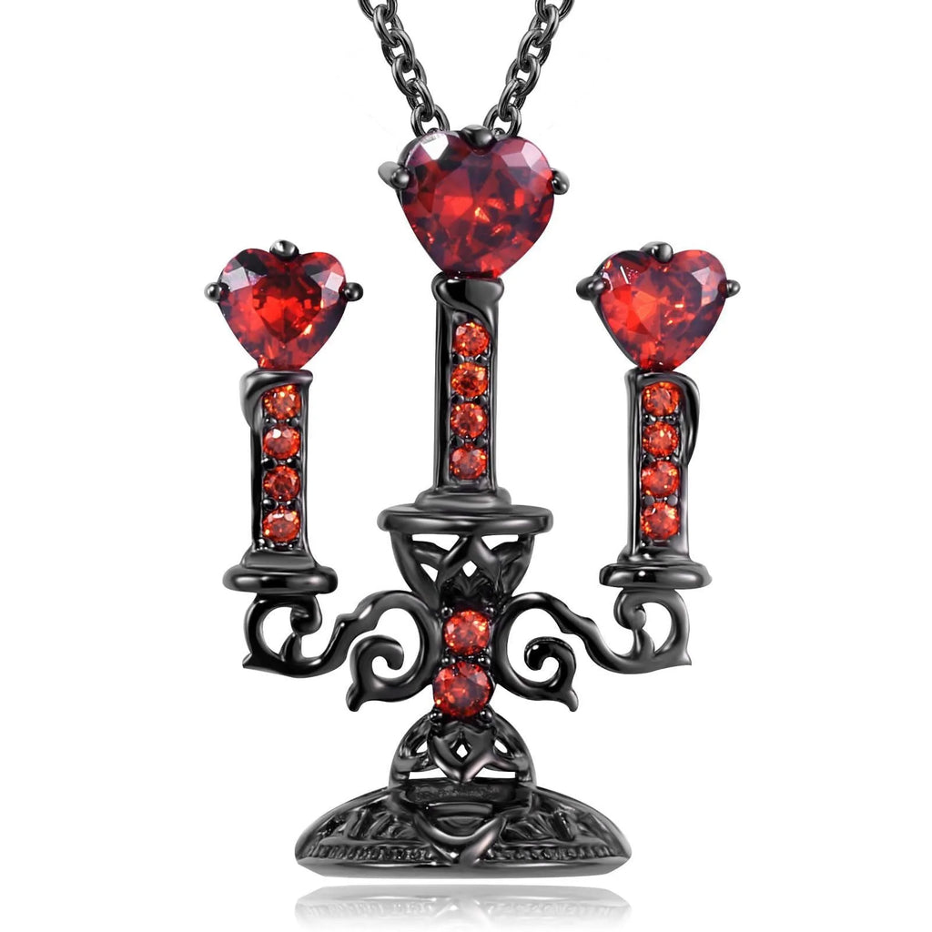 Close-up of a Gothic zinc alloy clavicle chain with a detailed hollow candlestick pendant on a cross chain.