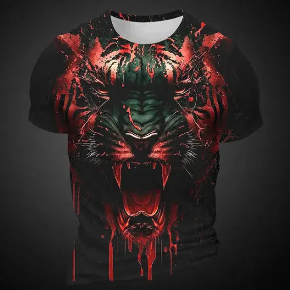Men's 3D tiger pattern T-shirt in polyester with short sleeves showing digital printing detail