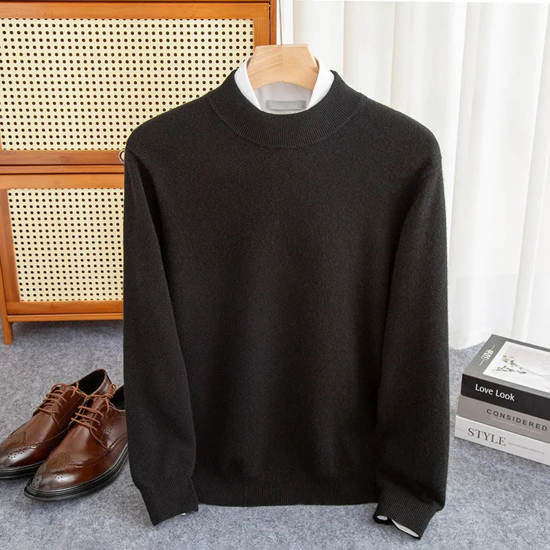 Man wearing a loose-fit half-collar wool sweater in a camel colour, suitable for winter casual wear.