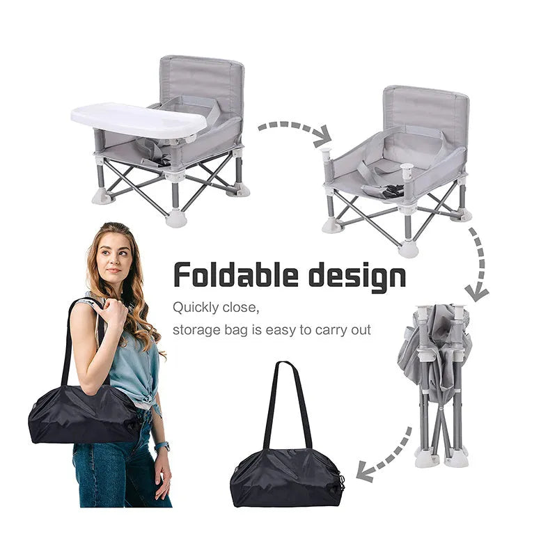 Foldable baby dining chair with metal frame, removable tray, and safety belt in grey