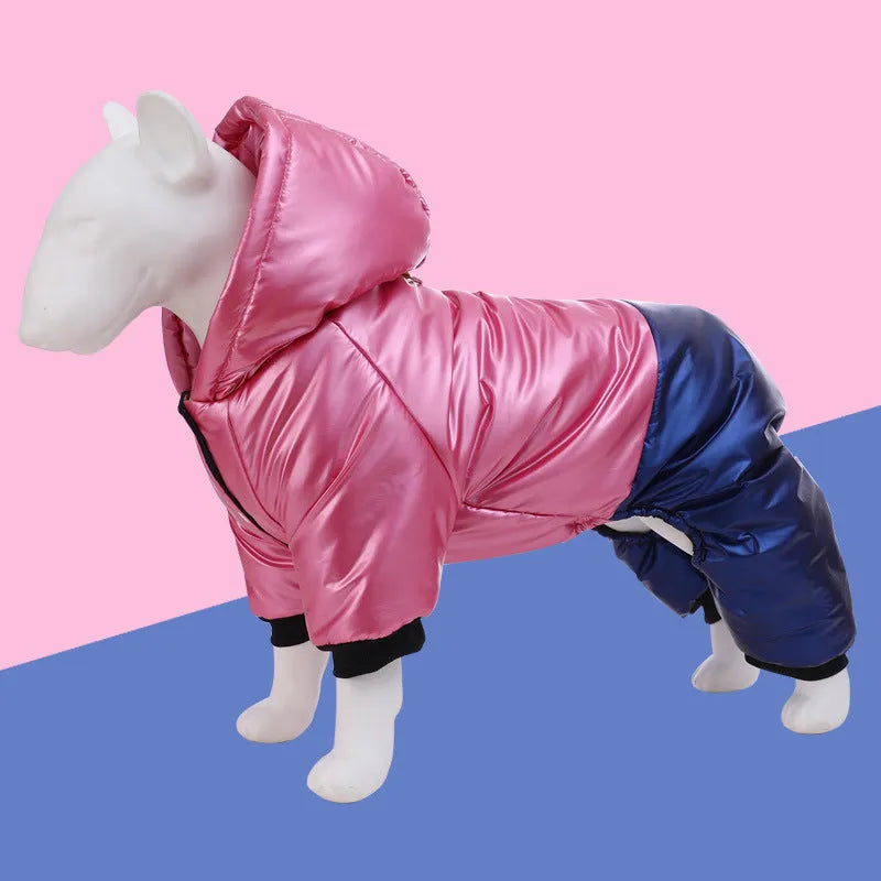 Green waterproof dog winter coat with four-leg design on medium-sized dog