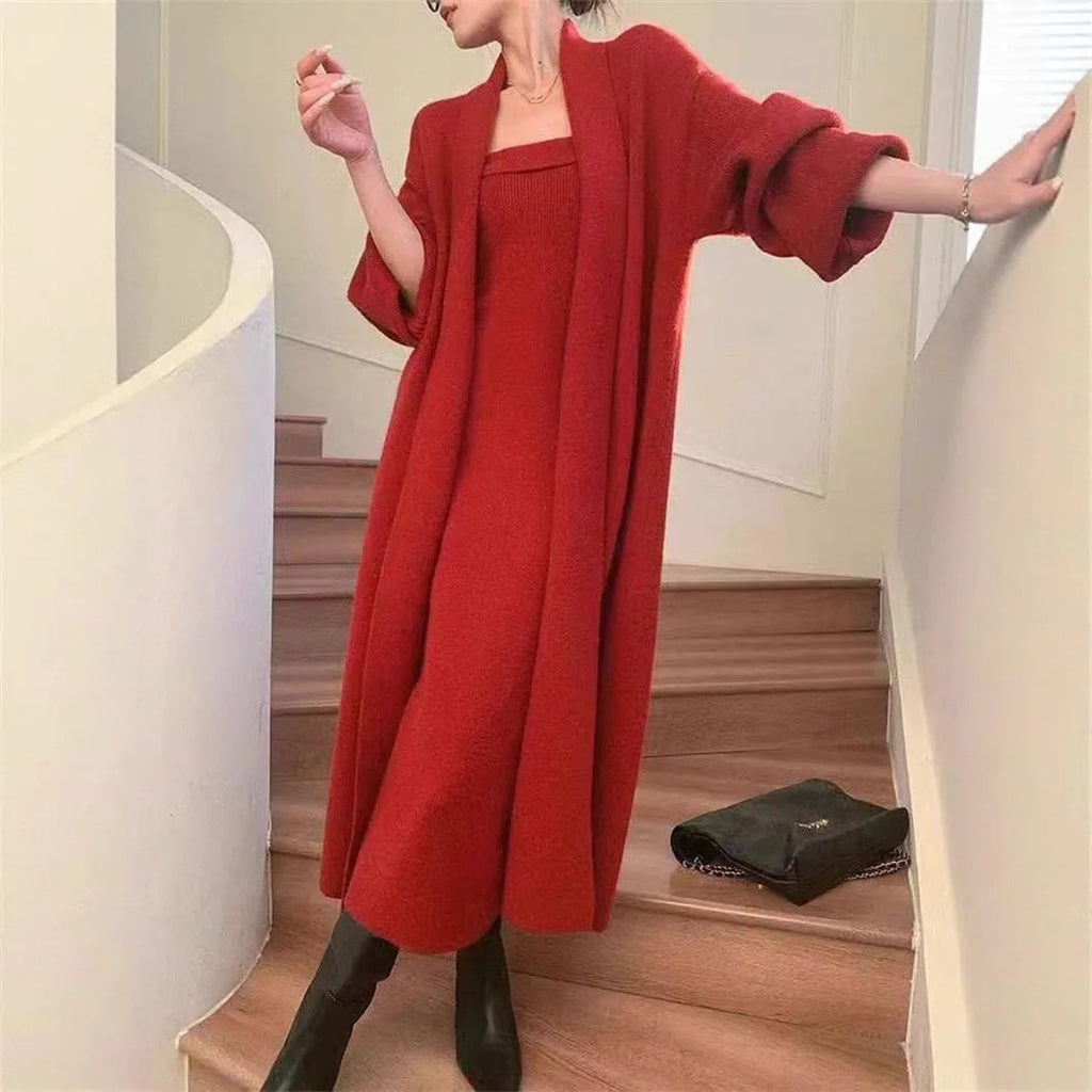 Women's knitted polyester dress and coat suit set in a choice of nine colours including wine red.