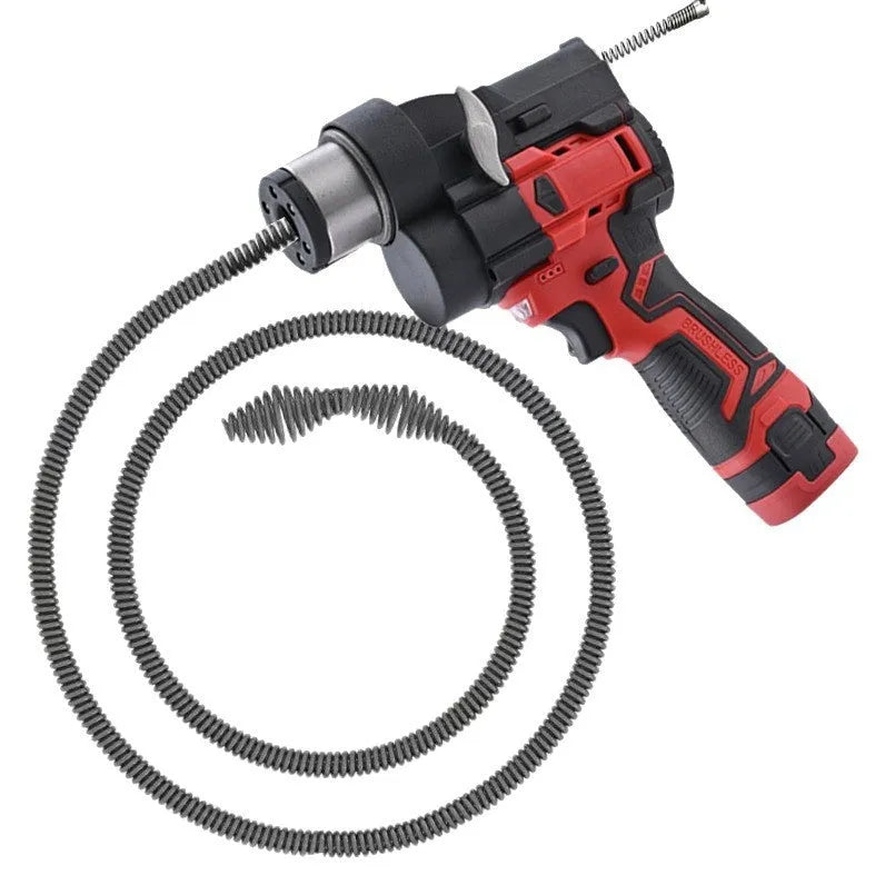 Electric pipe unclogger with 21V automatic feed and 7.5m steel spring bag for drain clearing