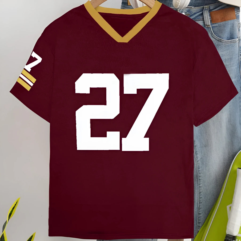 Red loose-fit cotton t-shirt with white digital letter print on the front.